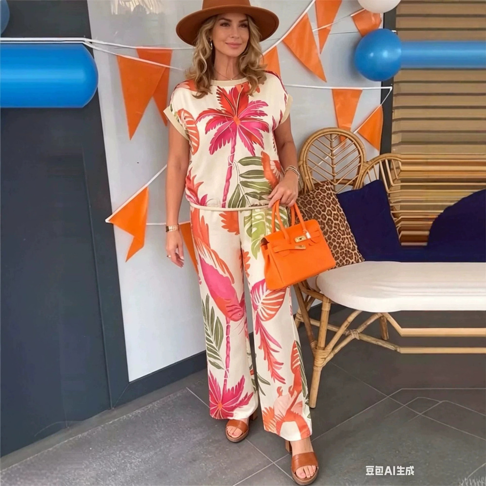 ZARA Summer Printed Round Neck Short Sleeve Top and Long Pants Lounge Set